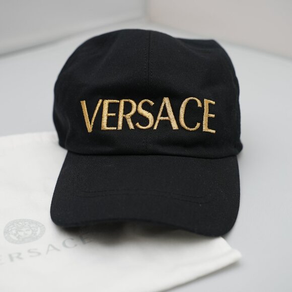 Versace 97 Black Baseball Cap Gold Logo Embroidery Size 58 New with Dust Bag - Picture 2 of 2